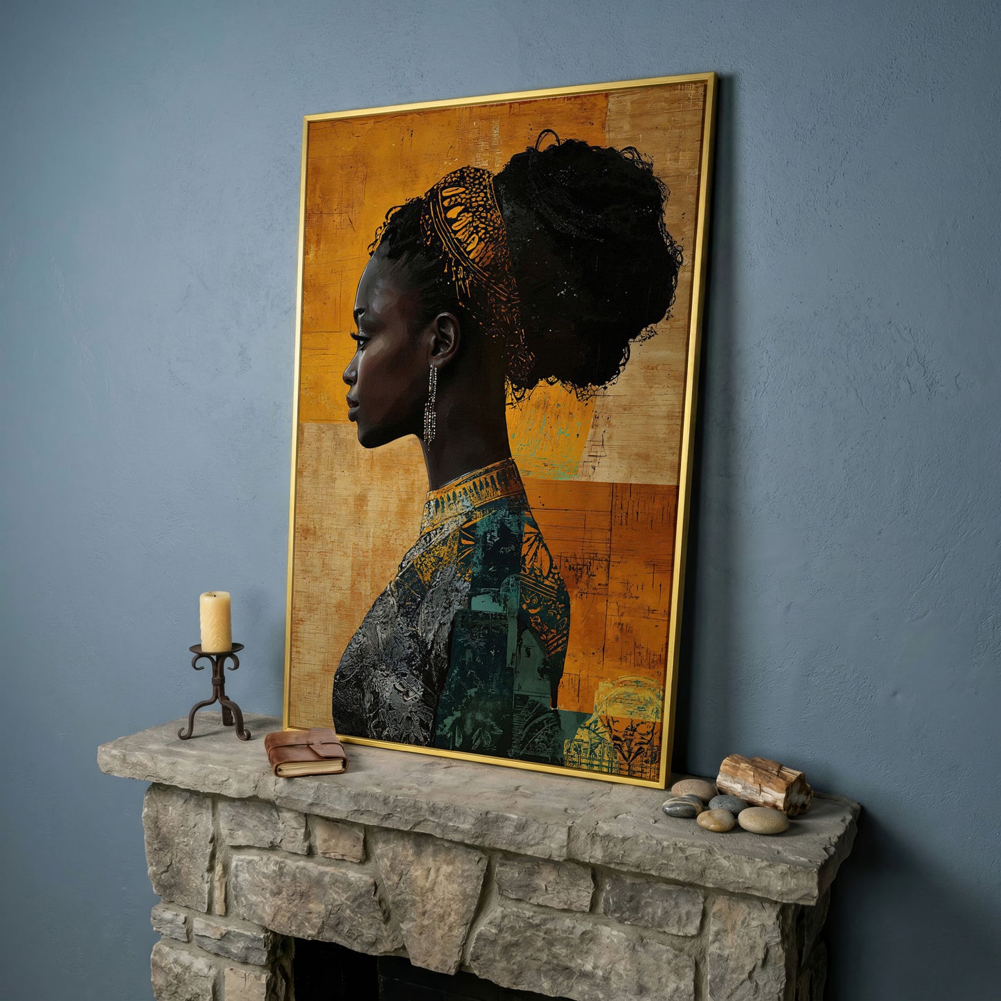 African Woman Profile in Mustard and Teal canvas in yellow gold floating frame