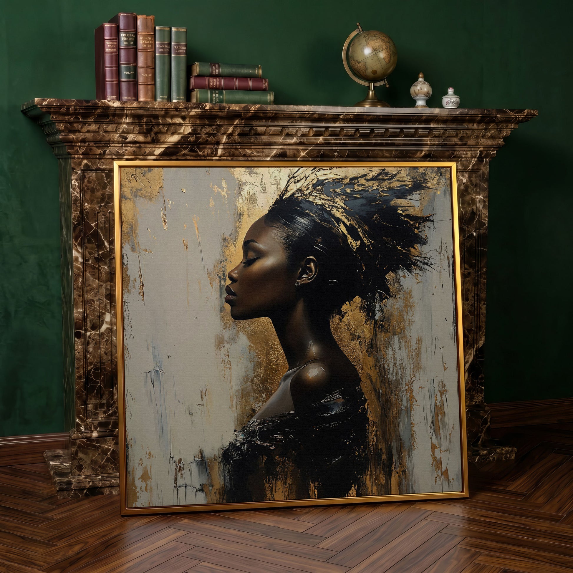 Abstract Female Portrait with Gold Accents Canvas in antique gold floating frame