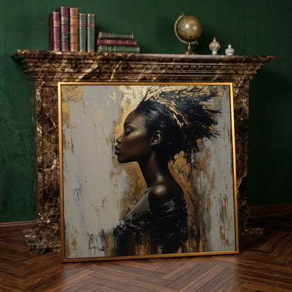 Abstract Female Portrait with Gold Accents Canvas in antique gold floating frame
