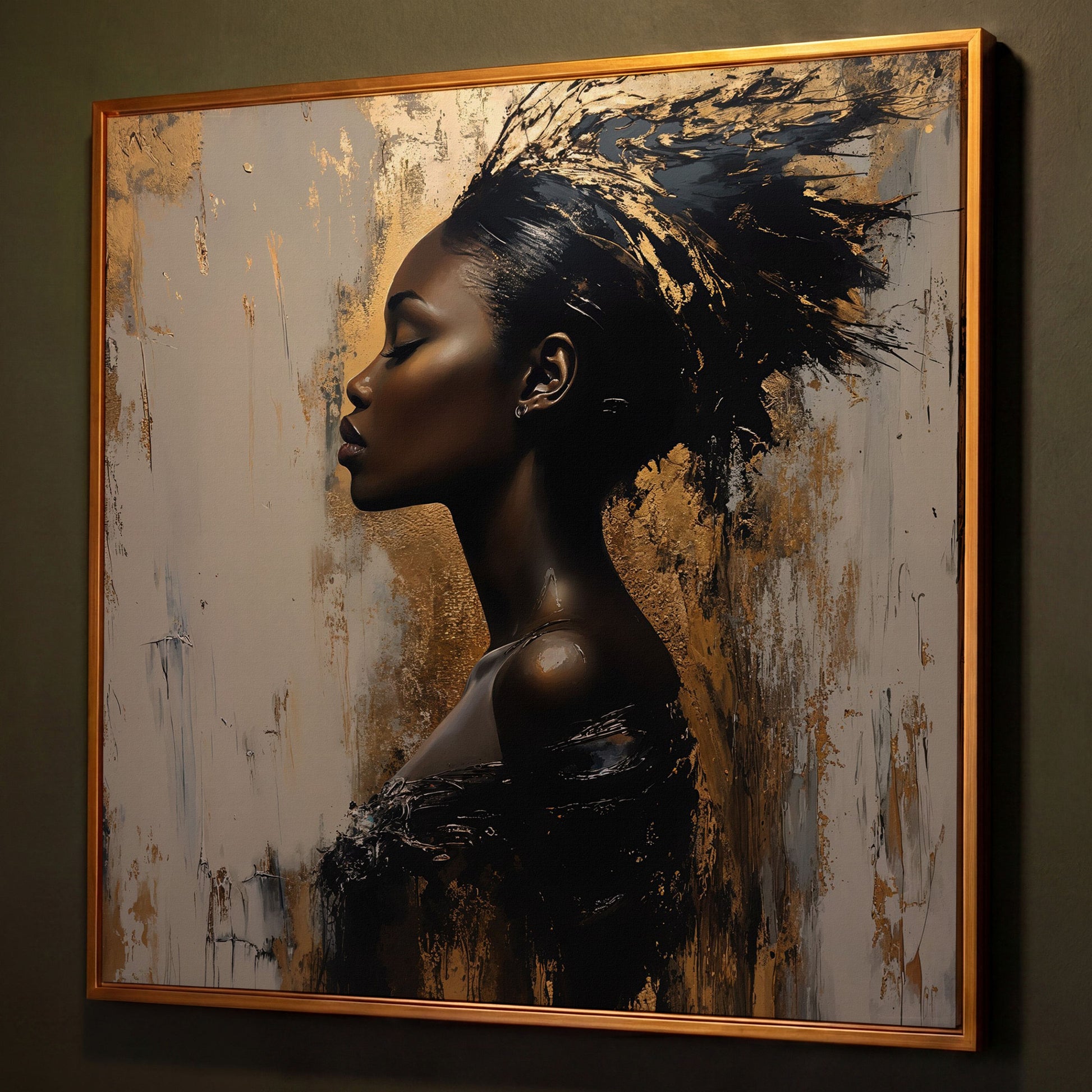 Abstract Female Portrait with Gold Accents Canvas shown in antique gold floating frame