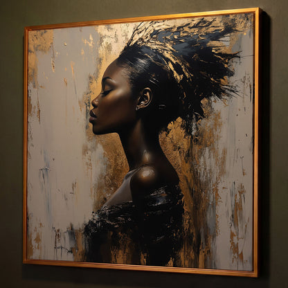 Abstract Female Portrait with Gold Accents Canvas shown in antique gold floating frame