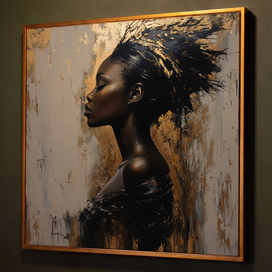Abstract Female Portrait with Gold Accents Canvas shown in antique gold floating frame