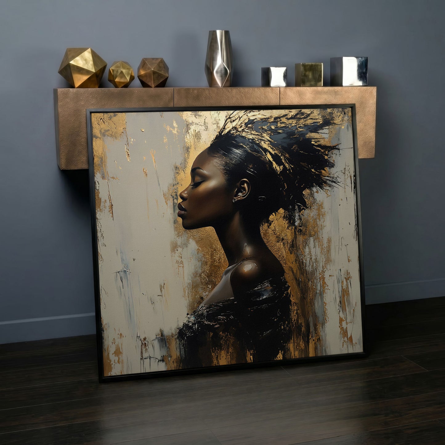 Abstract Female Portrait with Gold Accents Canvas in black floating frame