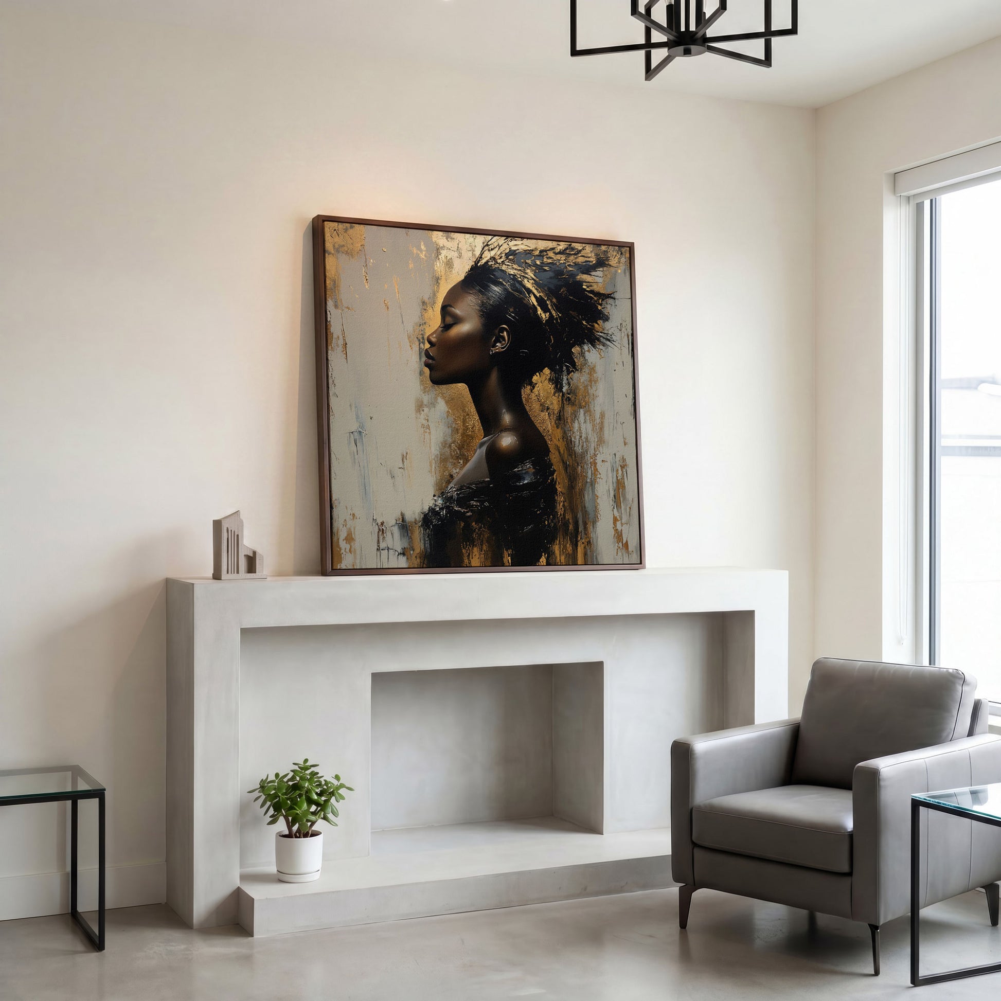 Abstract Female Portrait with Gold Accents Canvas in dark walnut floating frame