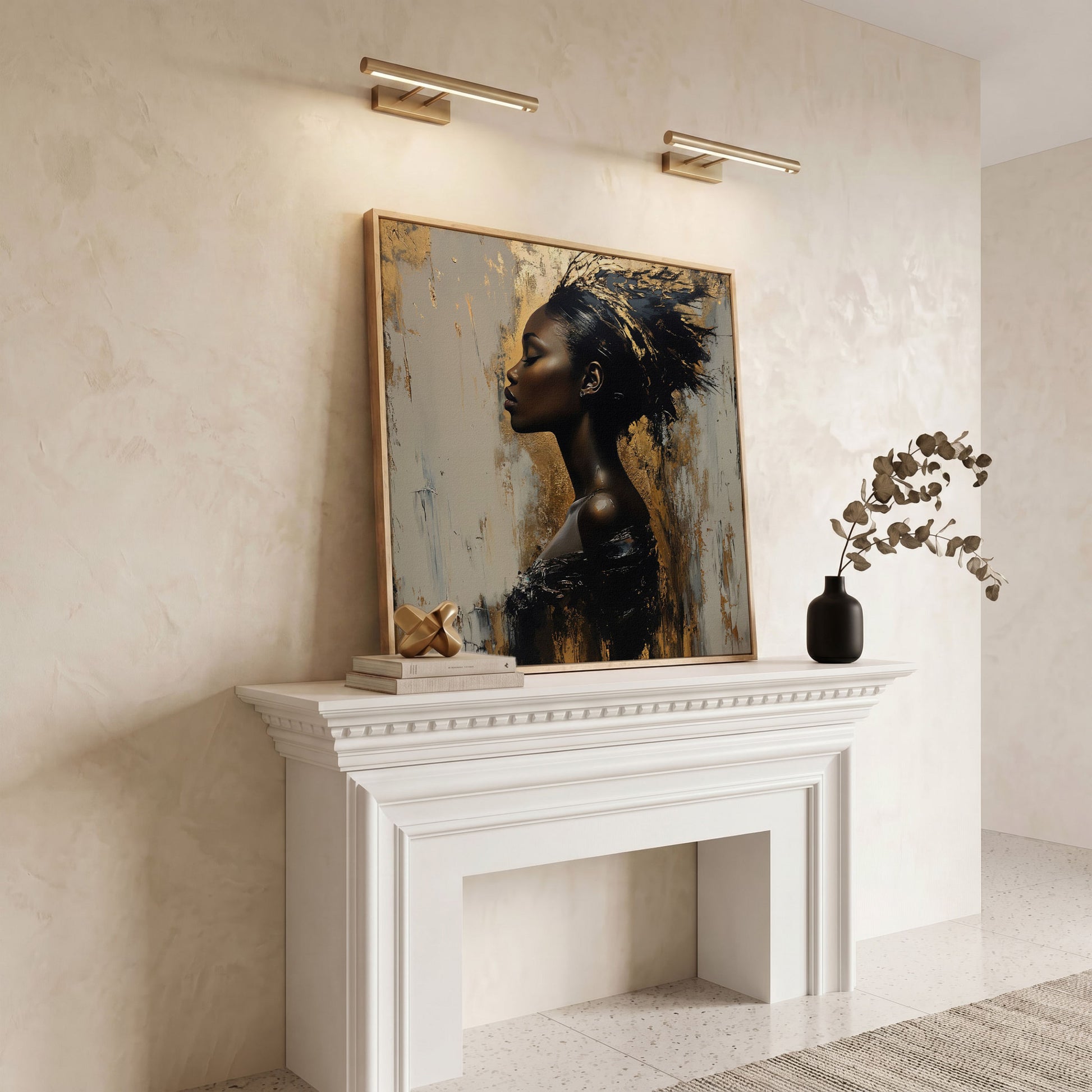 Abstract Female Portrait with Gold Accents Canvas in white oak floating frame