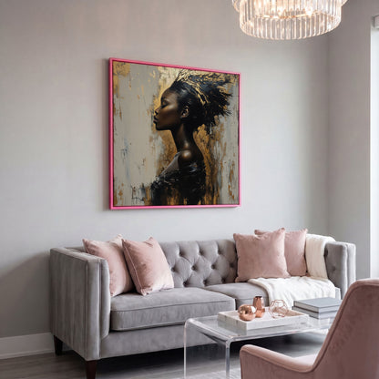 Abstract Female Portrait with Gold Accents Canvas in pink floating frame