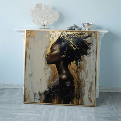 Abstract Female Portrait with Gold Accents Canvas in rose gold floating frame