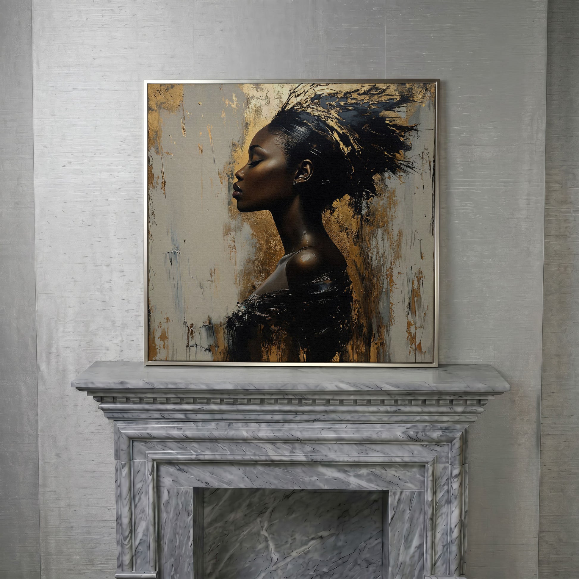 Abstract Female Portrait with Gold Accents Canvas in silver floating frame