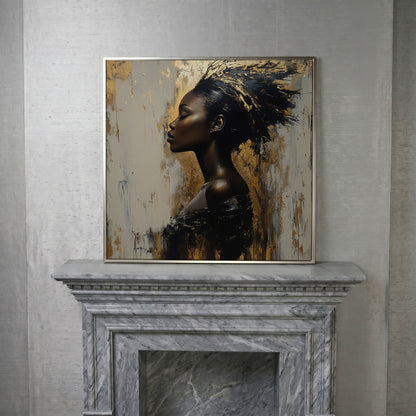 Abstract Female Portrait with Gold Accents Canvas in silver floating frame