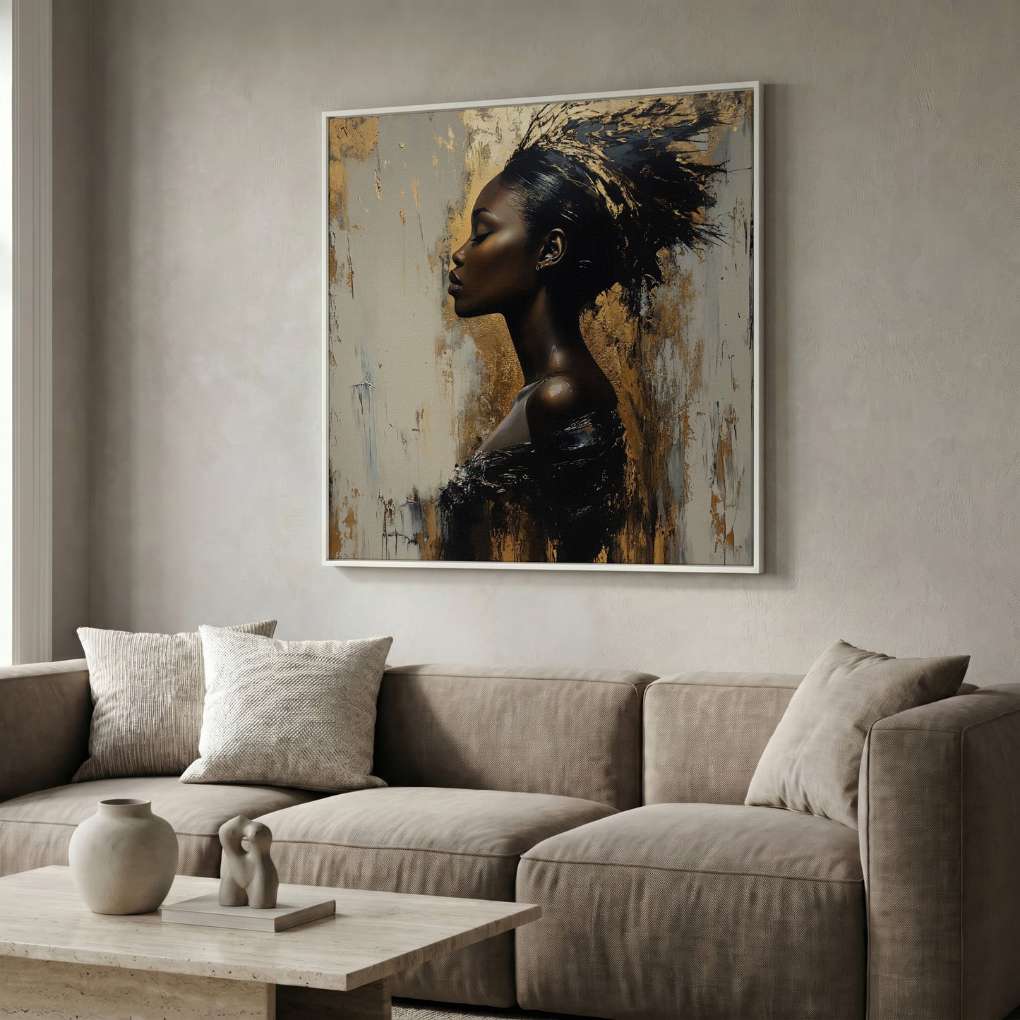 Abstract Female Portrait with Gold Accents Canvas in white floating frame