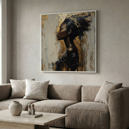 Abstract Female Portrait with Gold Accents Canvas in white floating frame