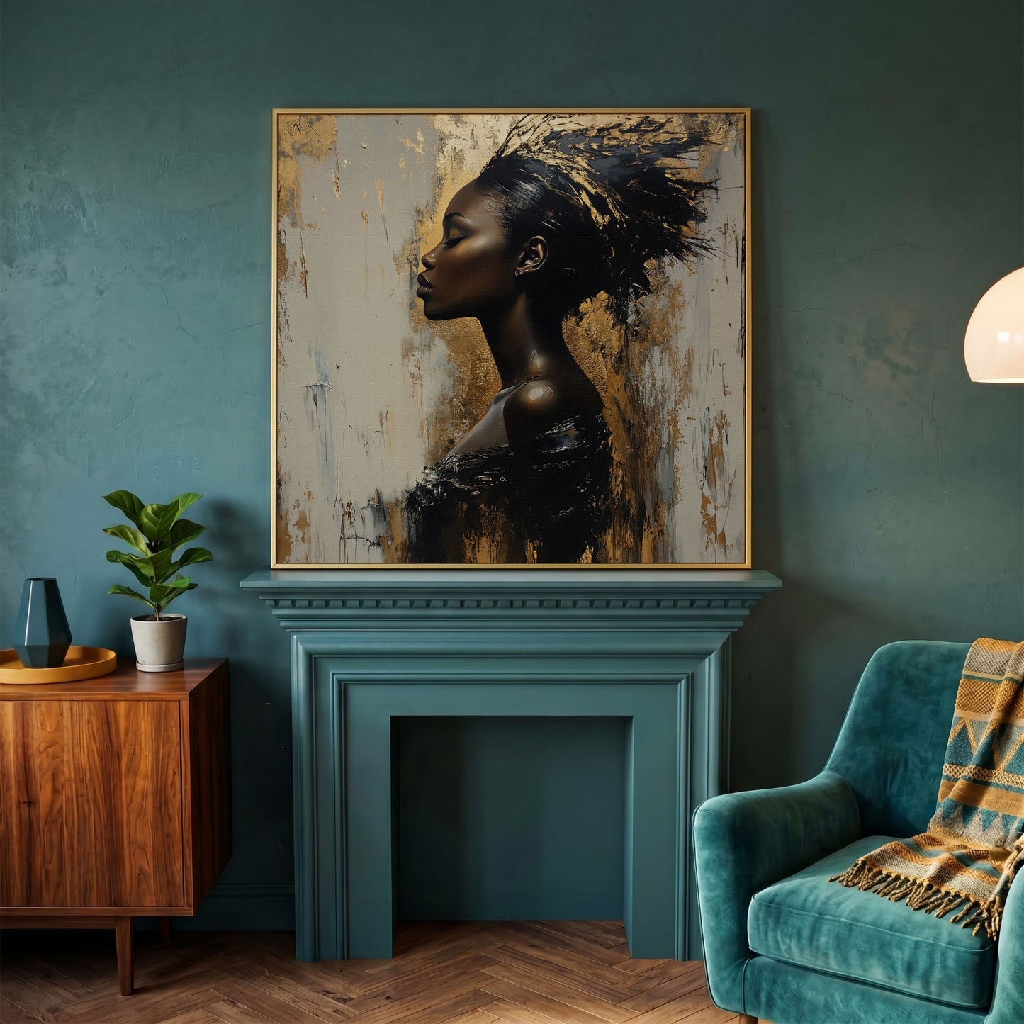 Abstract Female Portrait with Gold Accents Canvas in yellow gold floating frame