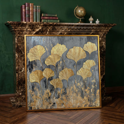Gold Ginkgo Leaves Canvas Print in antique gold floating frame