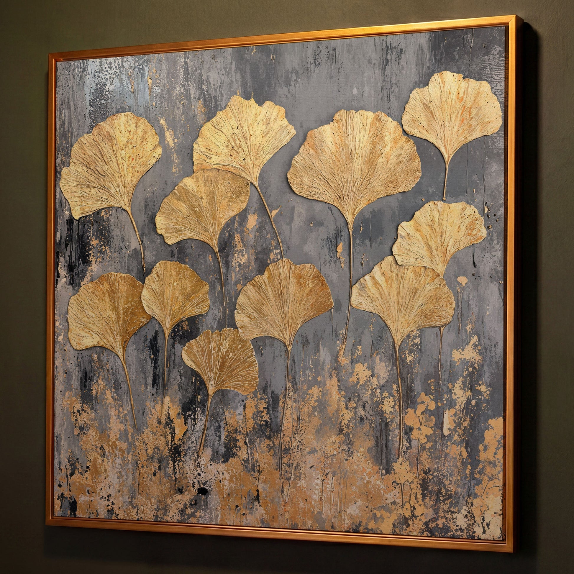 Gold Ginkgo Leaves Canvas Print shown in antique gold floating frame