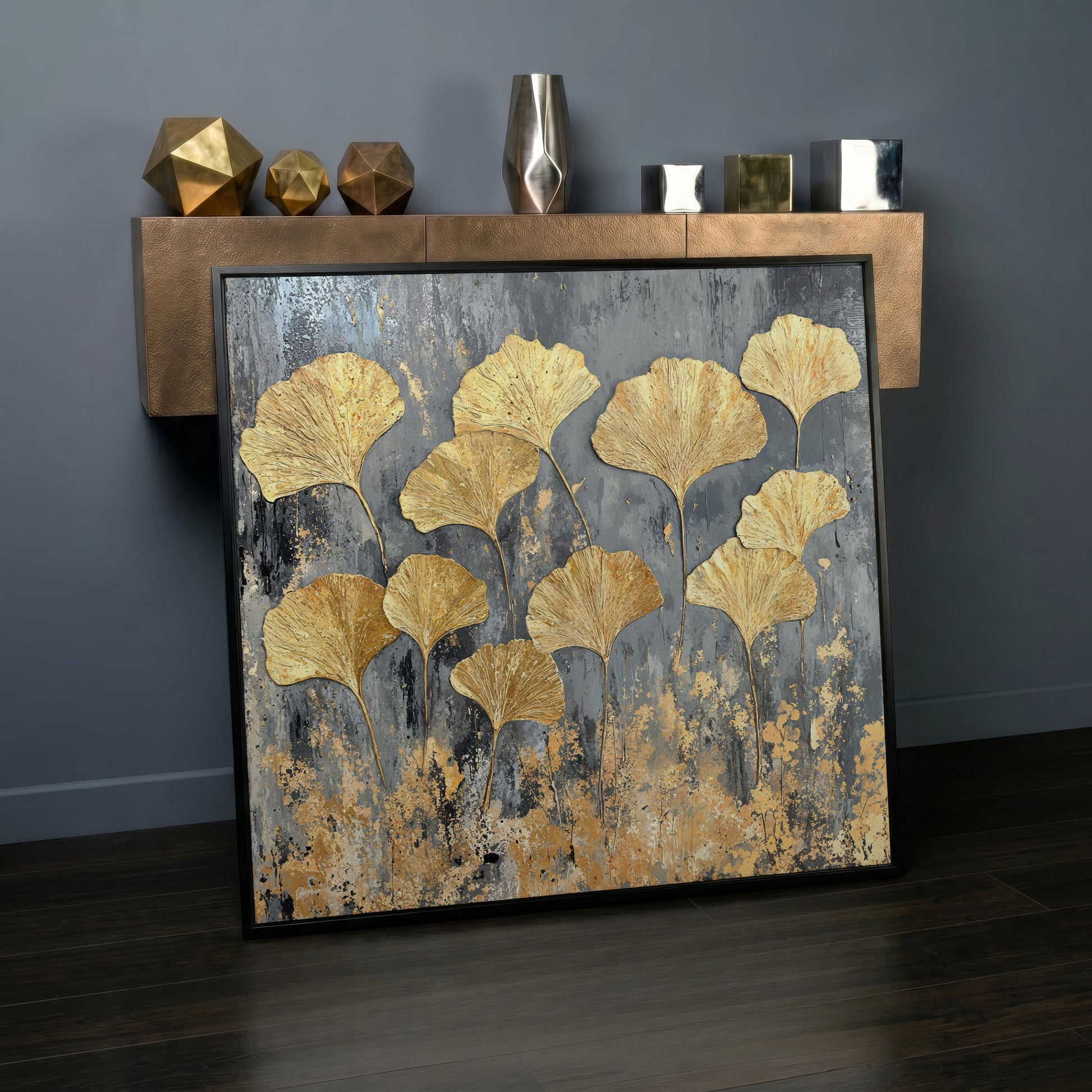 Gold Ginkgo Leaves Canvas Print in black floating frame