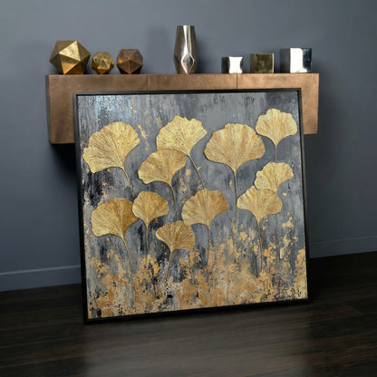 Gold Ginkgo Leaves Canvas Print in black floating frame