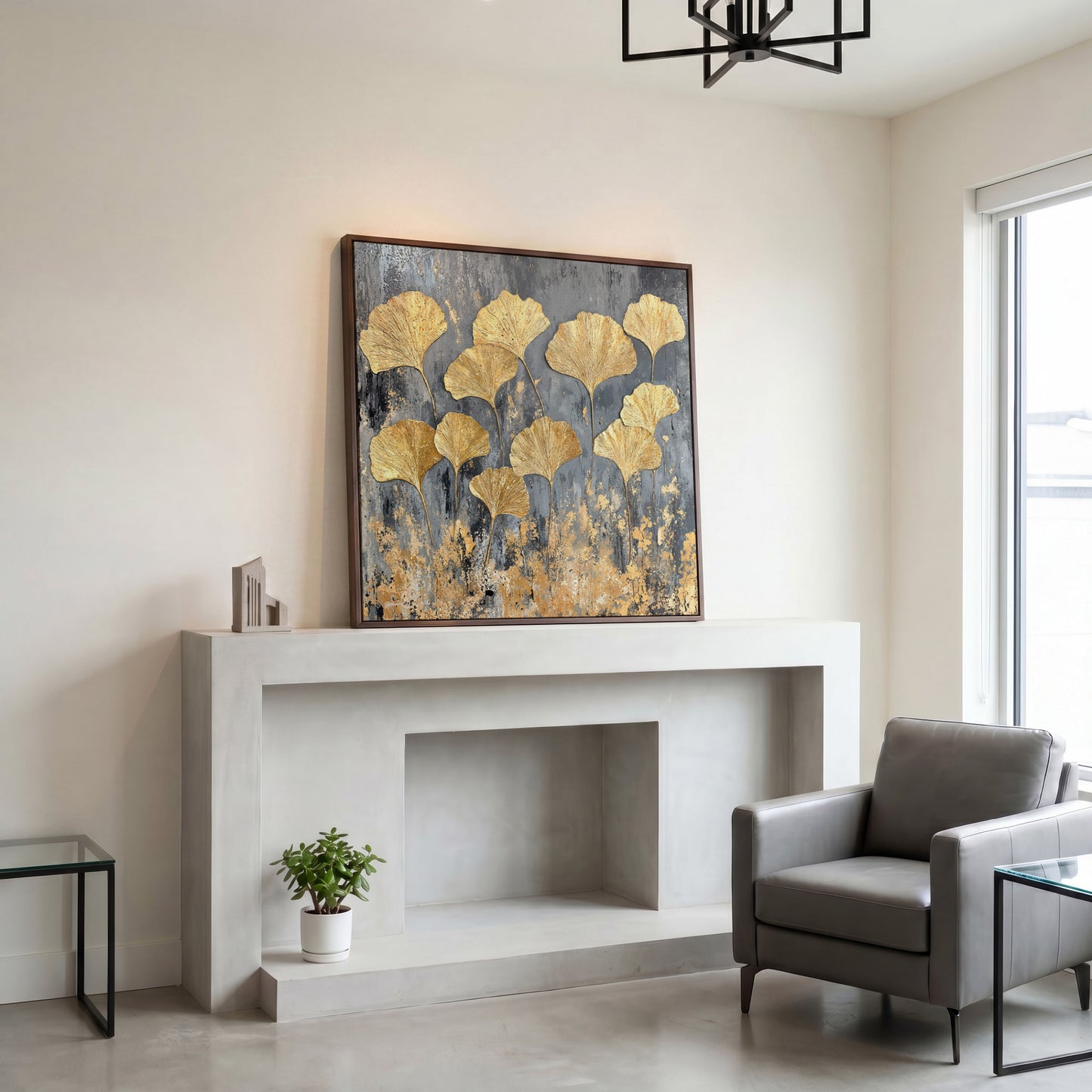 Gold Ginkgo Leaves Canvas Print in dark walnut floating frame