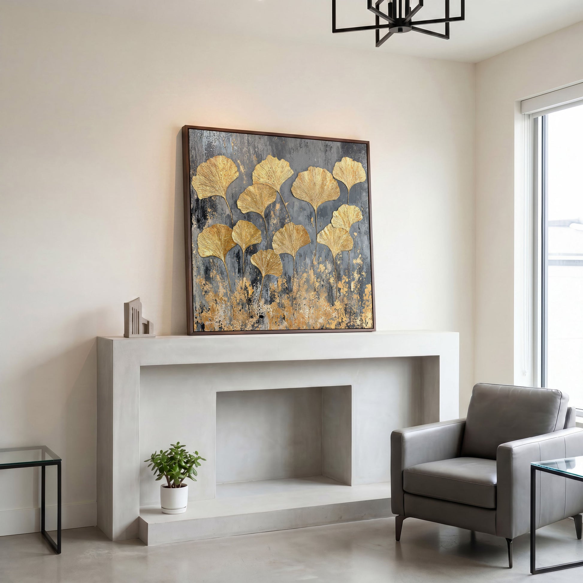 Gold Ginkgo Leaves Canvas Print in dark walnut floating frame