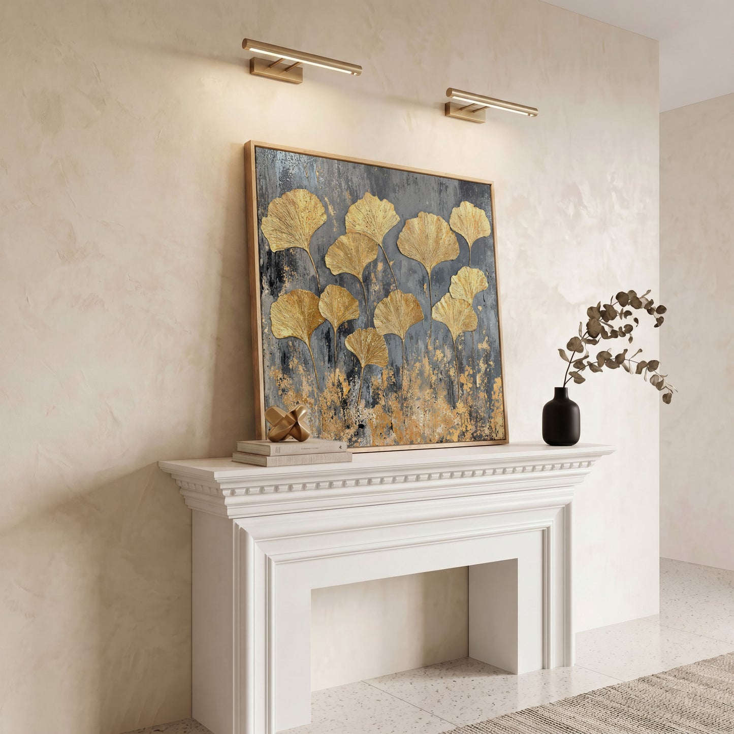 Gold Ginkgo Leaves Canvas Print in white oak floating frame