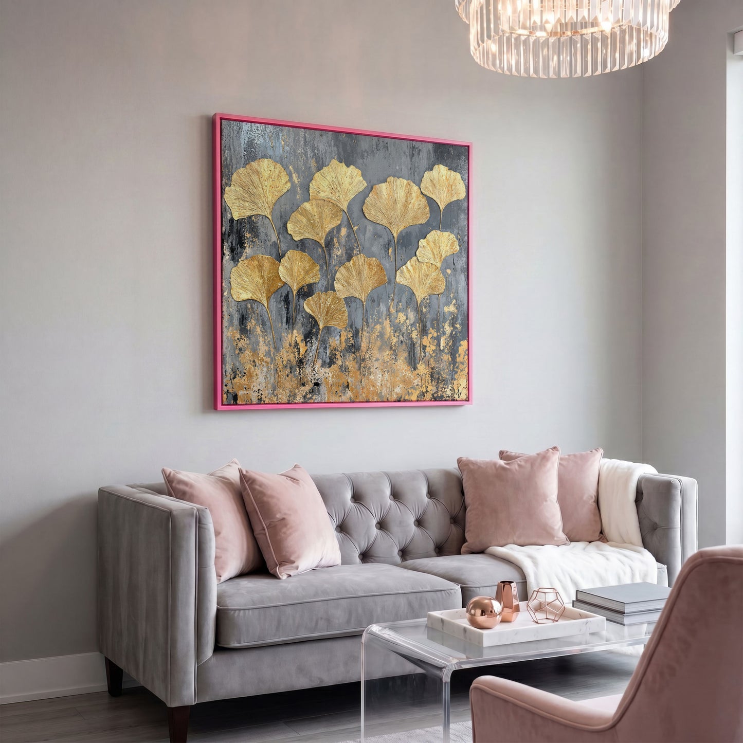Gold Ginkgo Leaves Canvas Print in pink floating frame