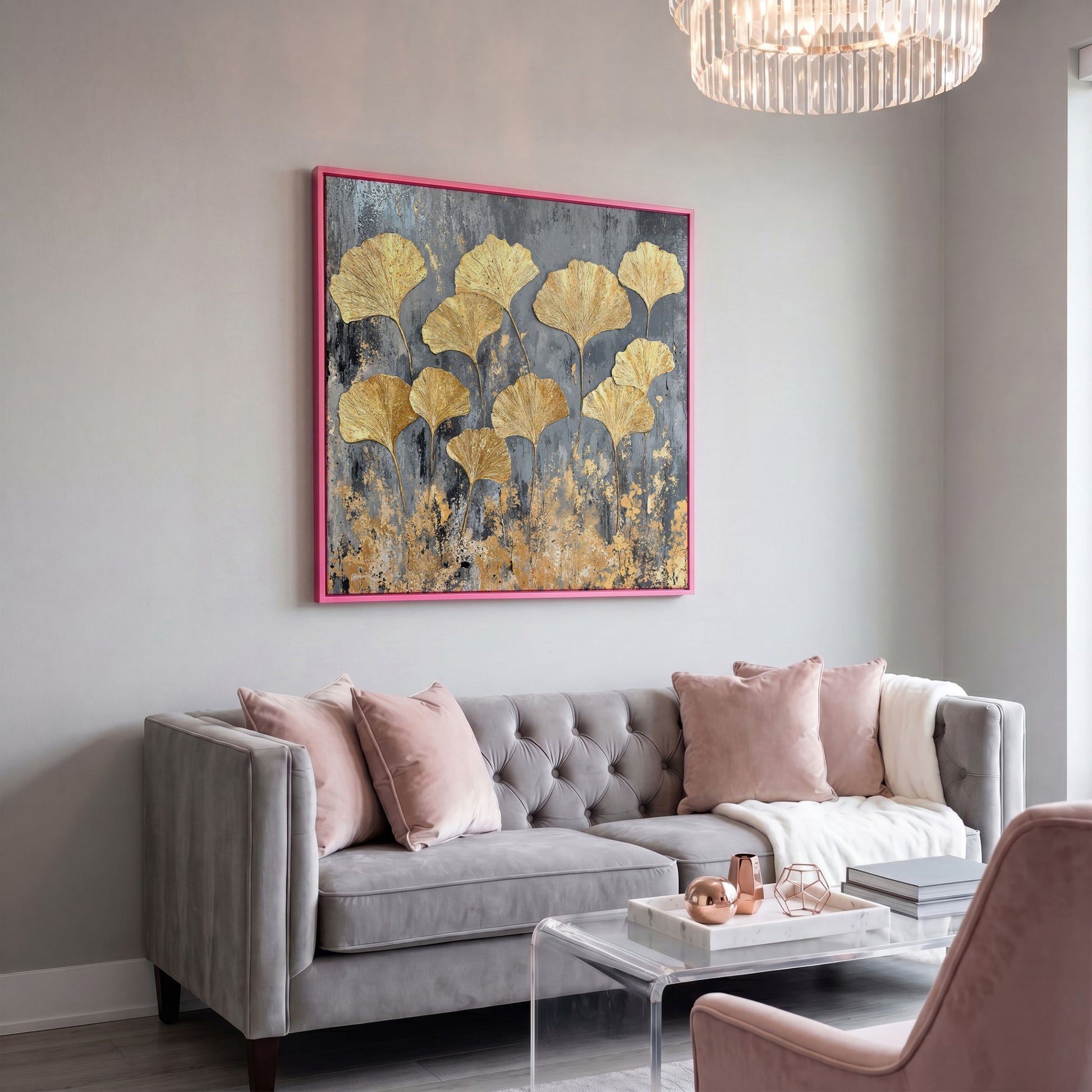 Gold Ginkgo Leaves Canvas Print in pink floating frame