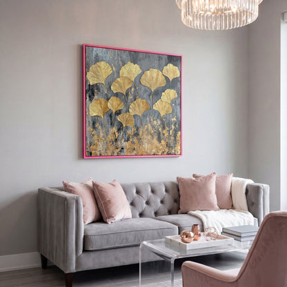 Gold Ginkgo Leaves Canvas Print in pink floating frame