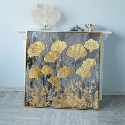Gold Ginkgo Leaves Canvas Print in rose gold floating frame