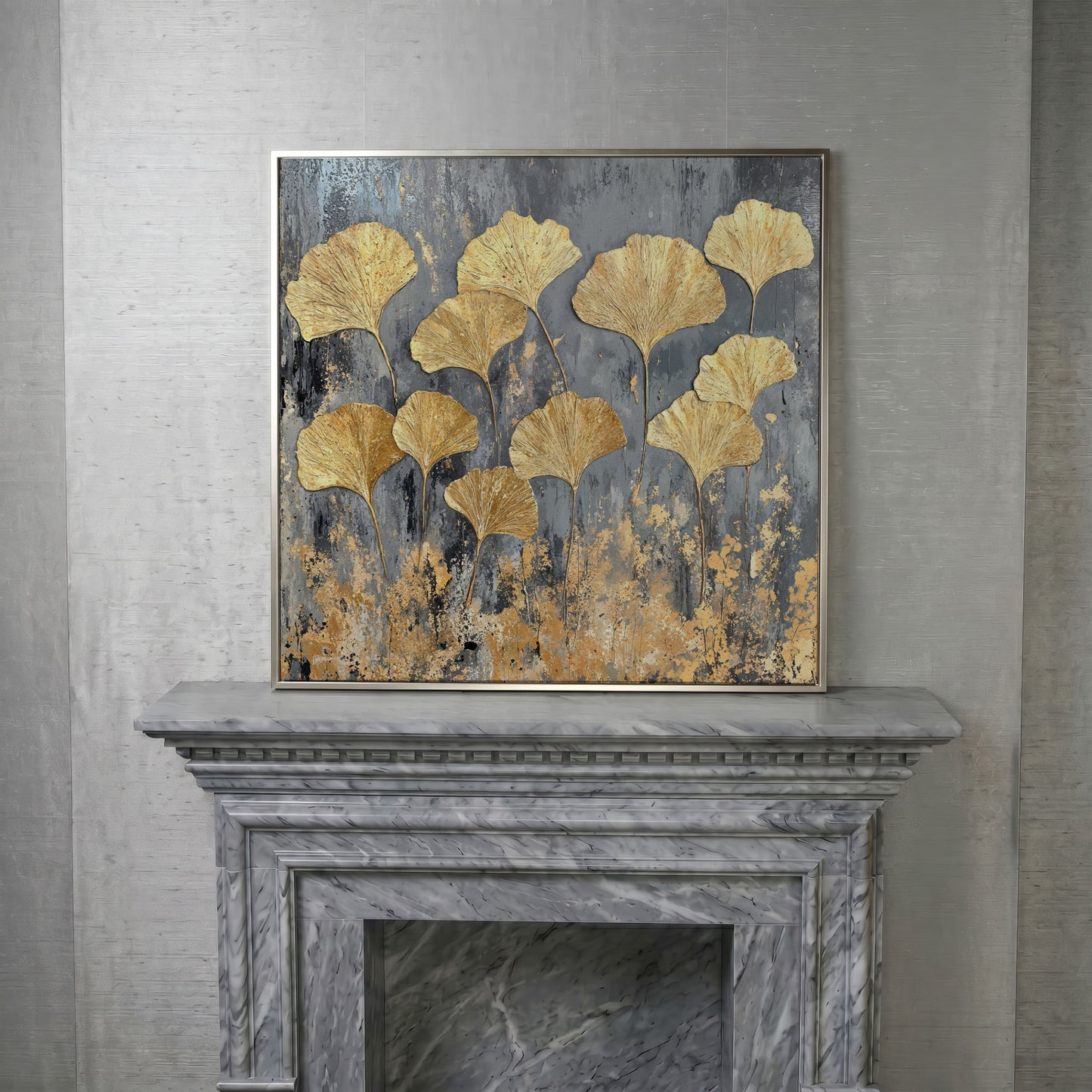 Gold Ginkgo Leaves Canvas Print in silver floating frame