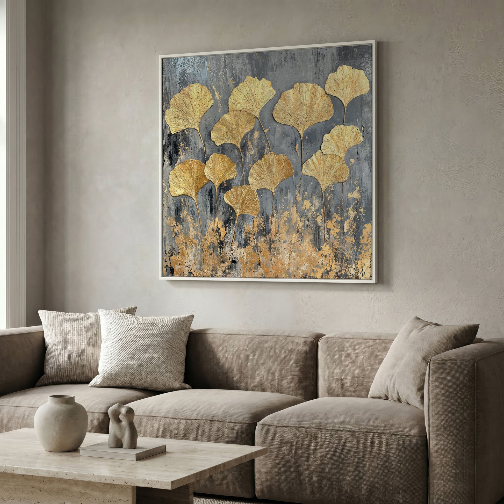 Gold Ginkgo Leaves Canvas Print in white floating frame