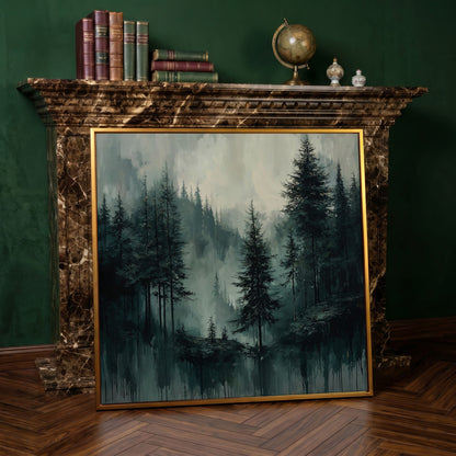Misty Pine Forest Canvas Art, Square Wall Art in antique gold floating frame