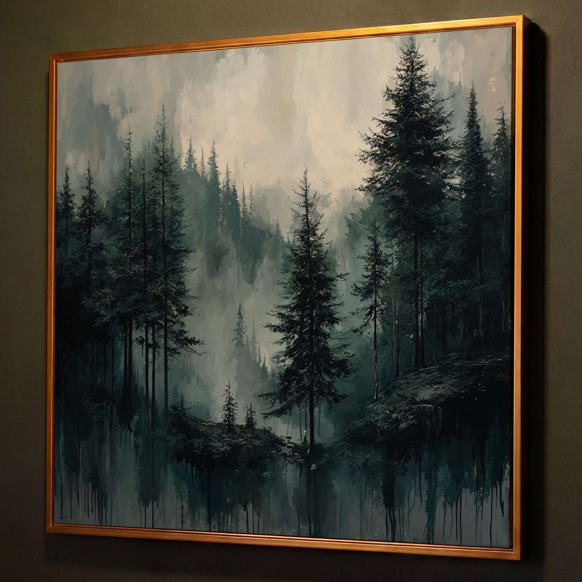 Misty Pine Forest Canvas Art, Square Wall Art shown in antique gold floating frame