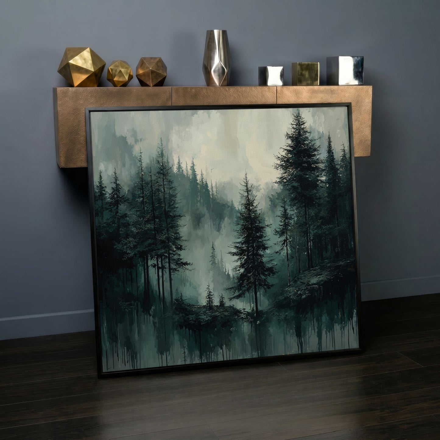Misty Pine Forest Canvas Art, Square Wall Art in black floating frame