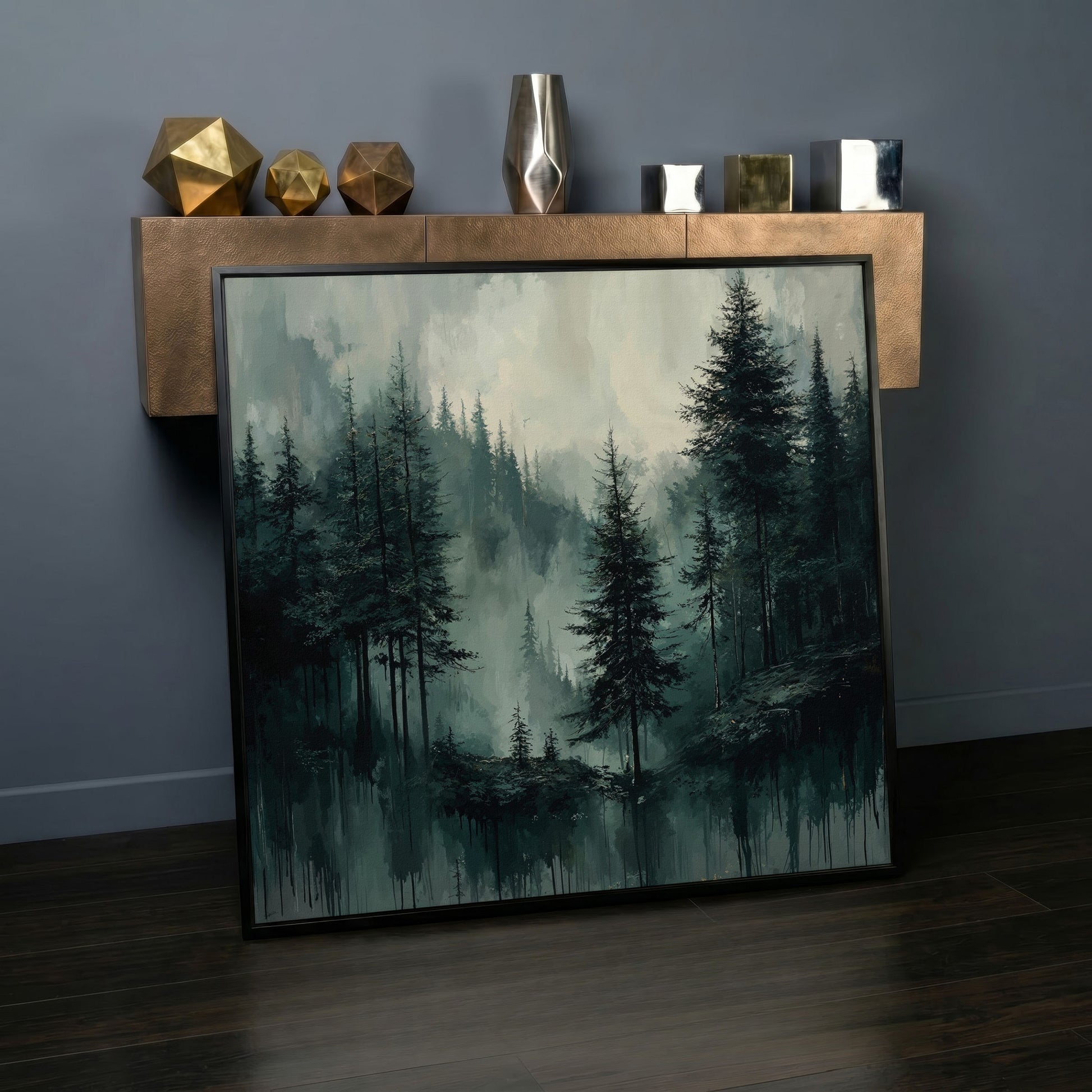 Misty Pine Forest Canvas Art, Square Wall Art in black floating frame