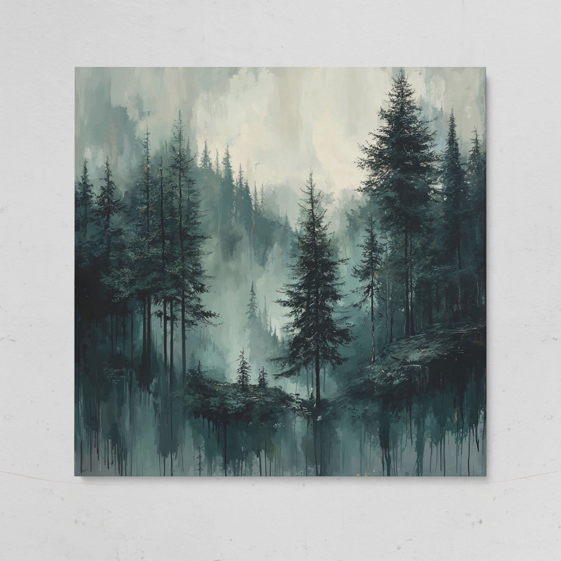 Misty Pine Forest Canvas Art, Square Wall Art on gallery wrap