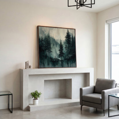 Misty Pine Forest Canvas Art, Square Wall Art in dark walnut floating frame