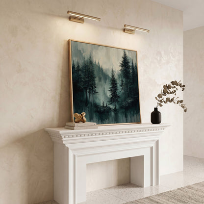 Misty Pine Forest Canvas Art, Square Wall Art in white oak floating frame