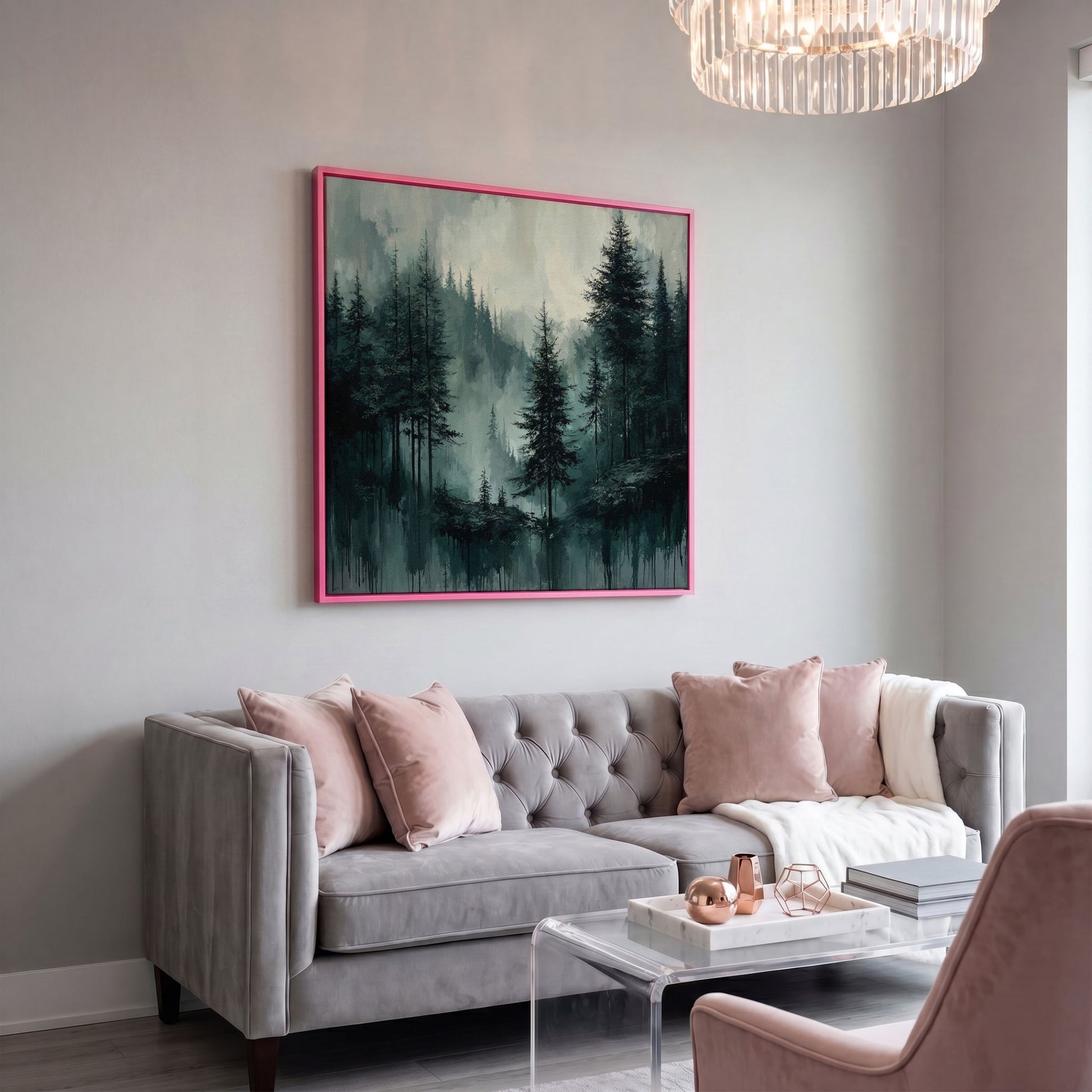 Misty Pine Forest Canvas Art, Square Wall Art in pink floating frame