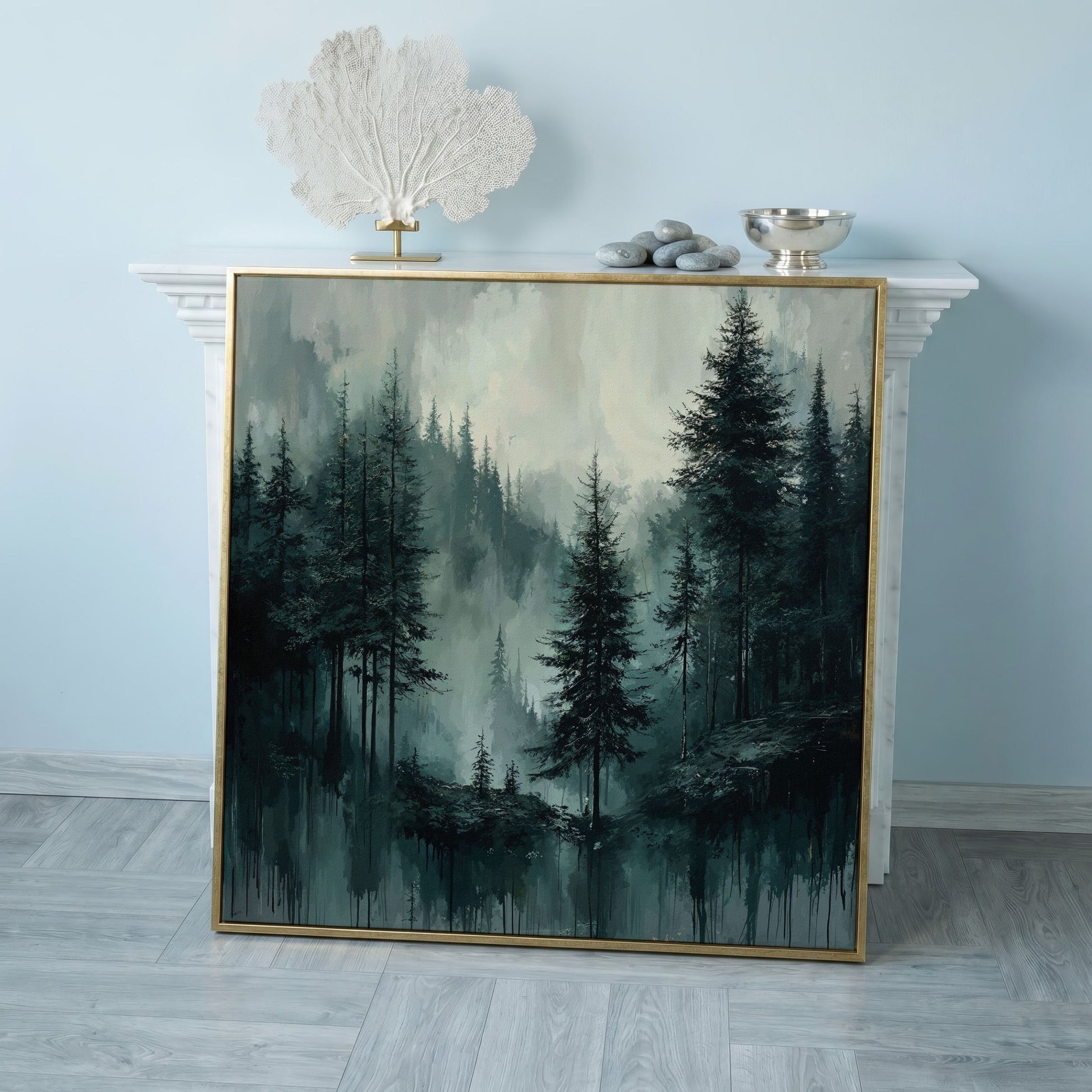 Misty Pine Forest Canvas Art, Square Wall Art in rose gold floating frame