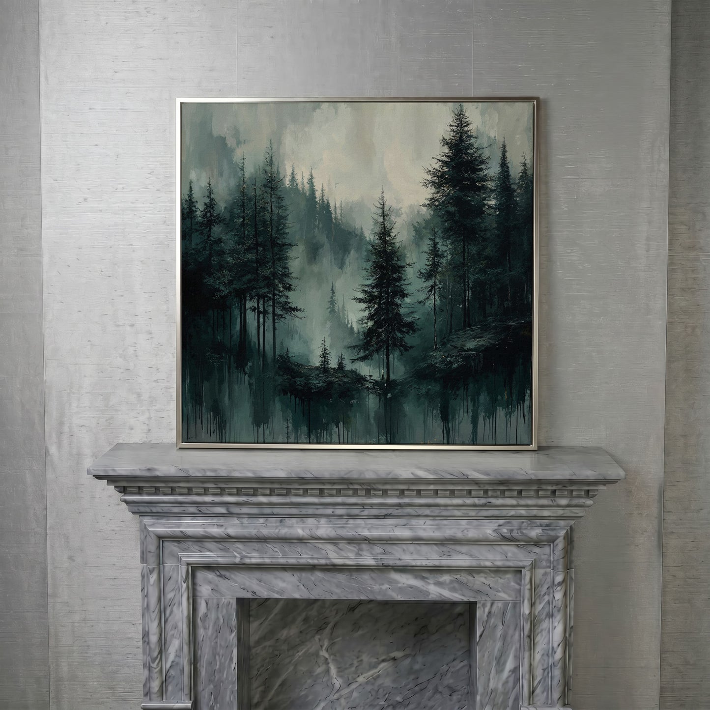Misty Pine Forest Canvas Art, Square Wall Art in silver floating frame