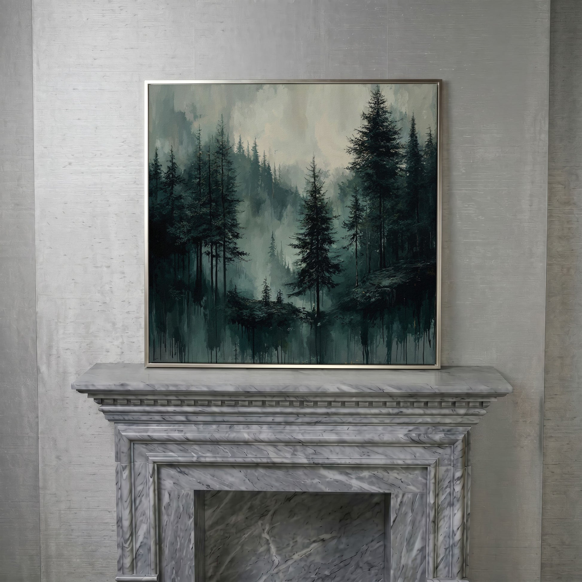 Misty Pine Forest Canvas Art, Square Wall Art in silver floating frame
