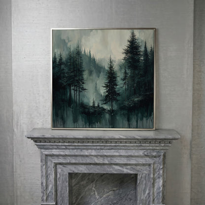 Misty Pine Forest Canvas Art, Square Wall Art in silver floating frame