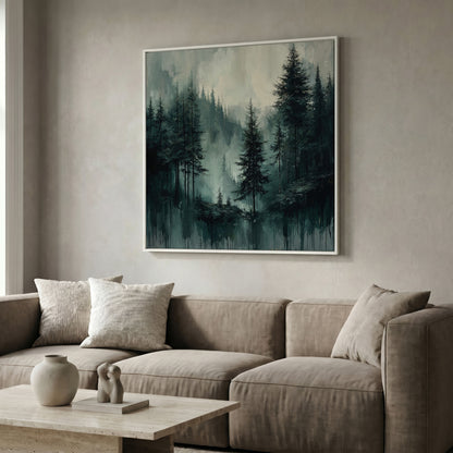 Misty Pine Forest Canvas Art, Square Wall Art in white floating frame
