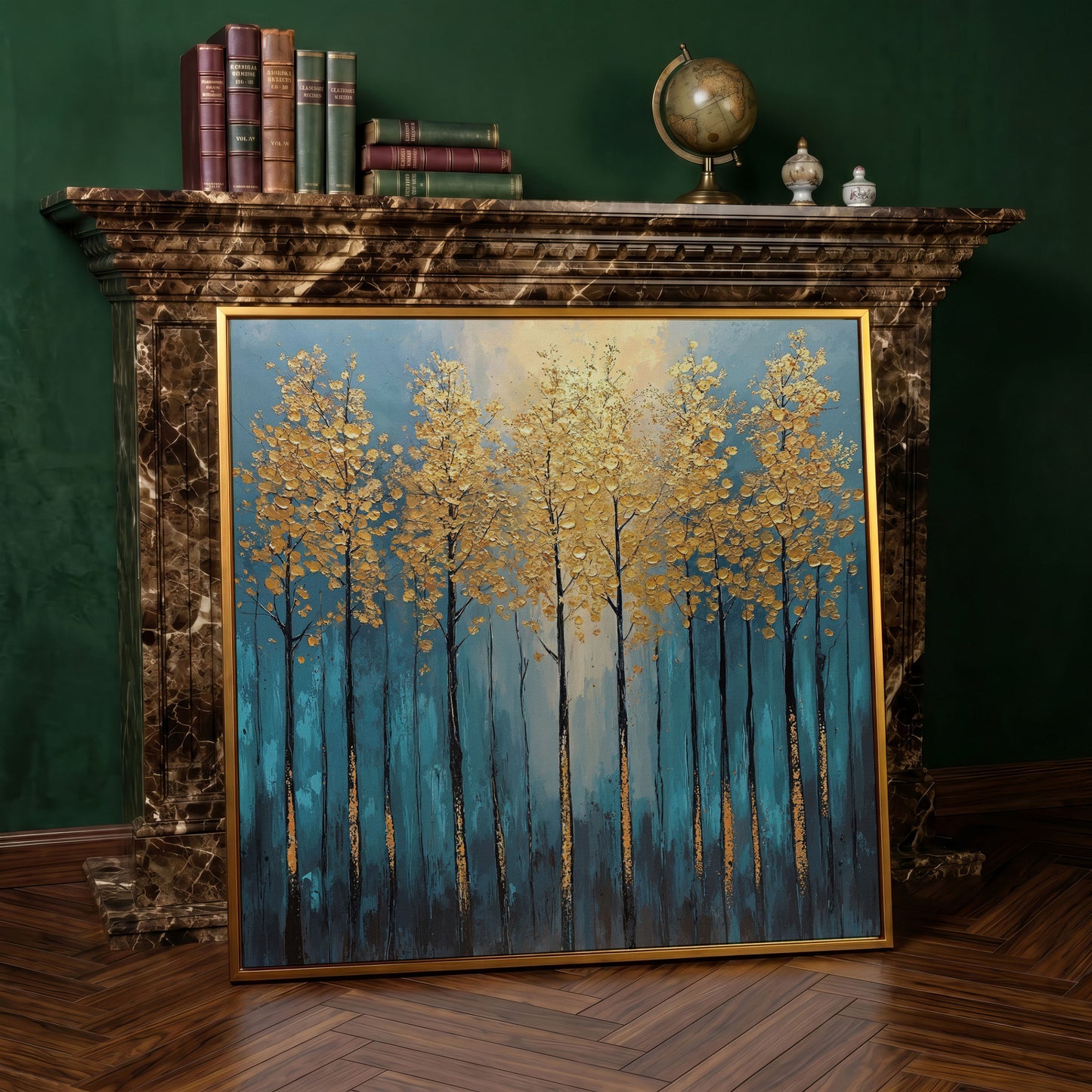 Abstract Trees with Golden Leaves Canvas in antique gold floating frame