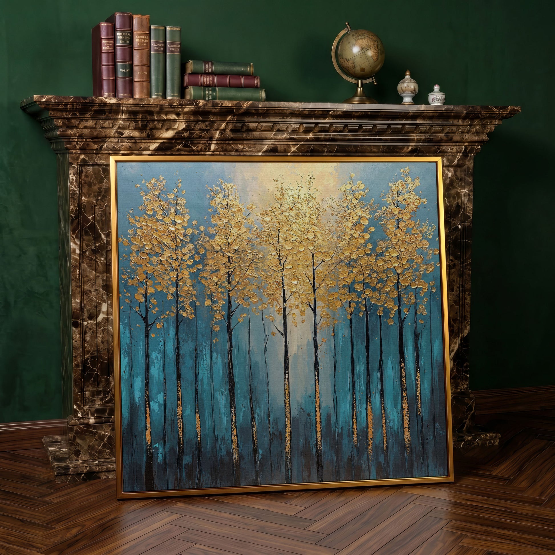 Abstract Trees with Golden Leaves Canvas in antique gold floating frame