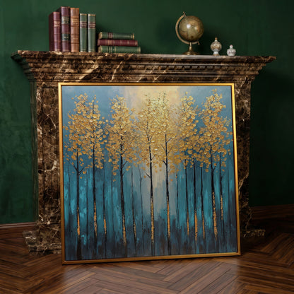 Abstract Trees with Golden Leaves Canvas in antique gold floating frame