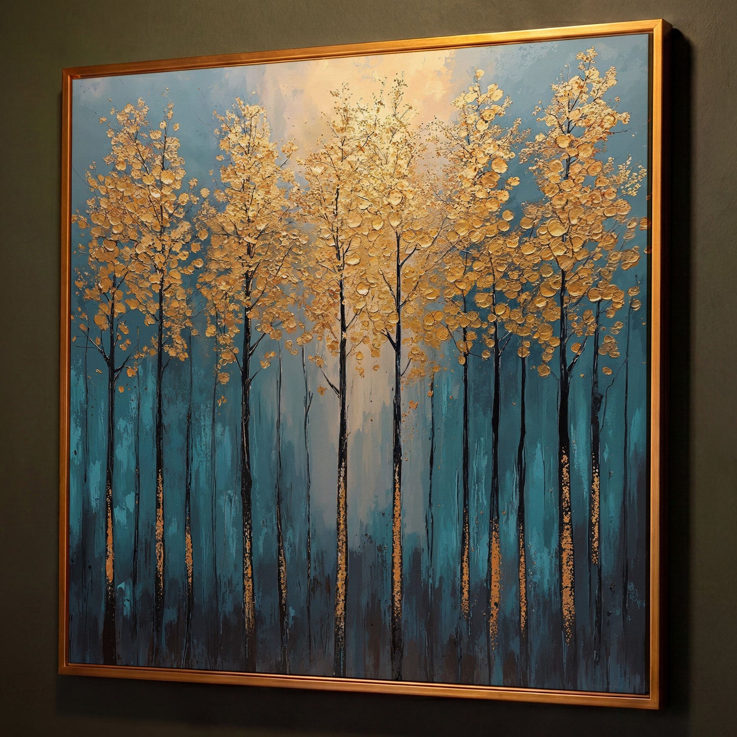 Abstract Trees with Golden Leaves Canvas shown in antique gold floating frame