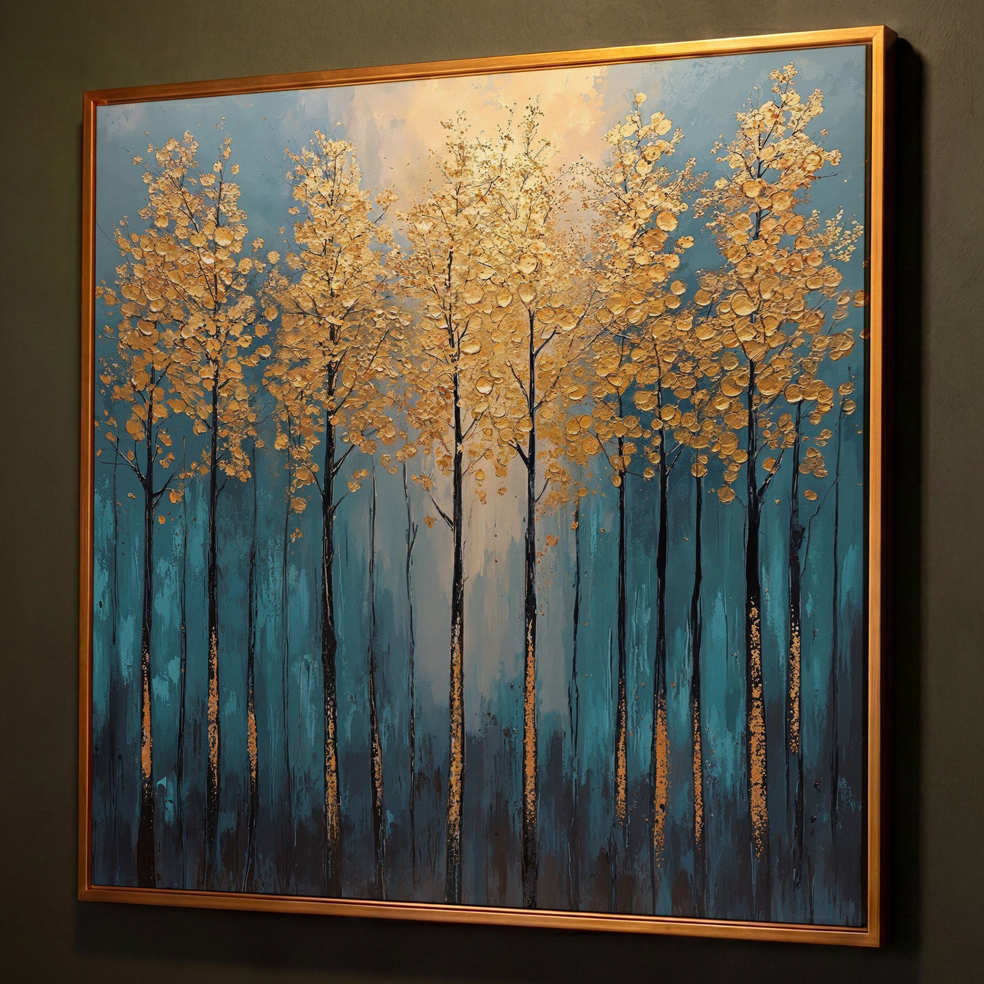 Abstract Trees with Golden Leaves Canvas shown in antique gold floating frame