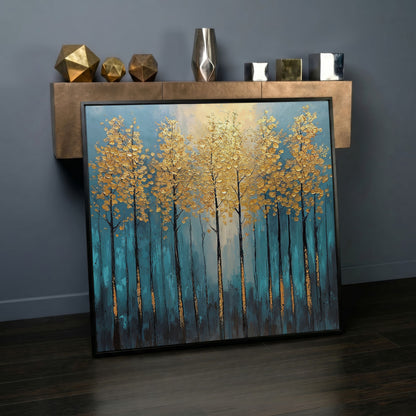 Abstract Trees with Golden Leaves Canvas in black floating frame