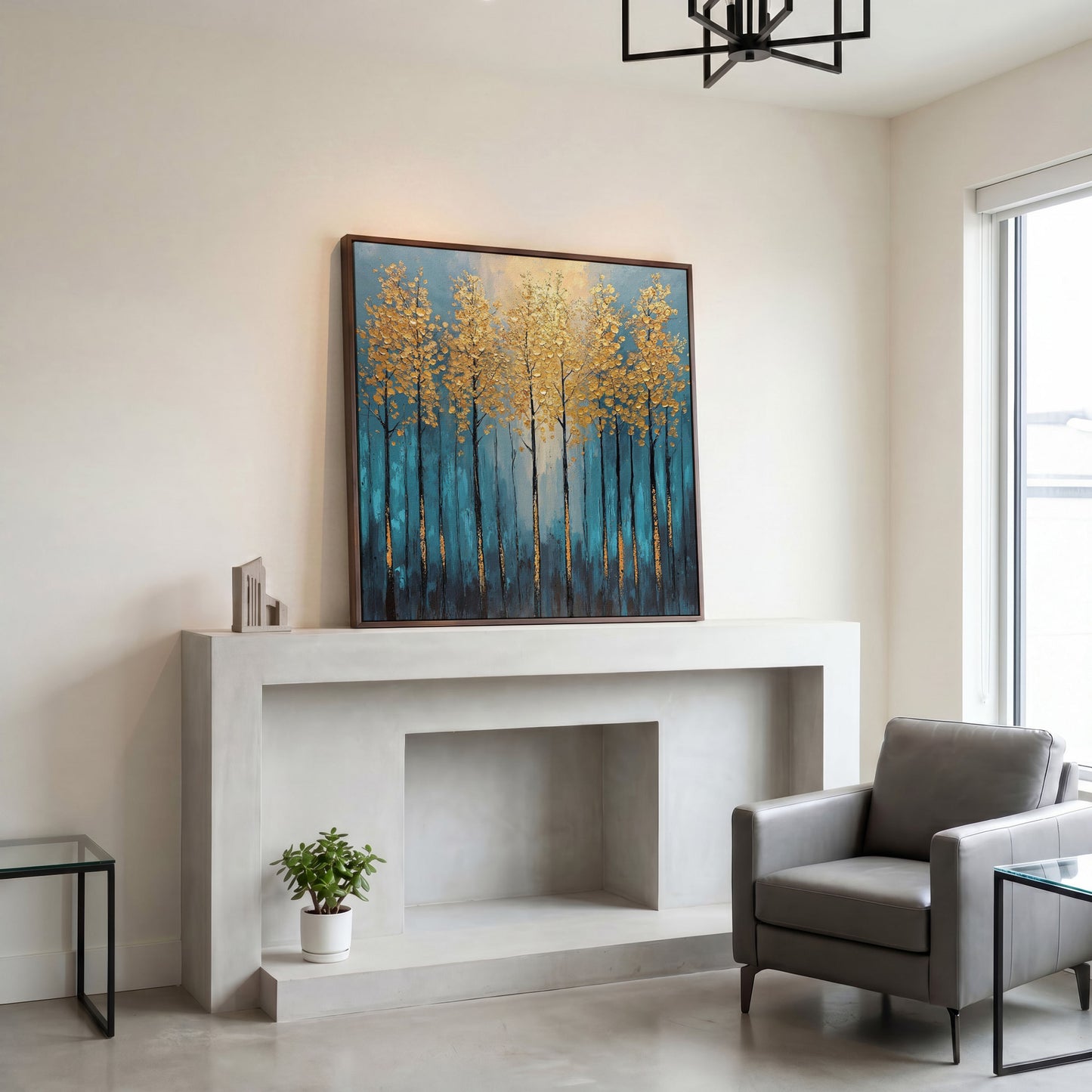 Abstract Trees with Golden Leaves Canvas in dark walnut floating frame