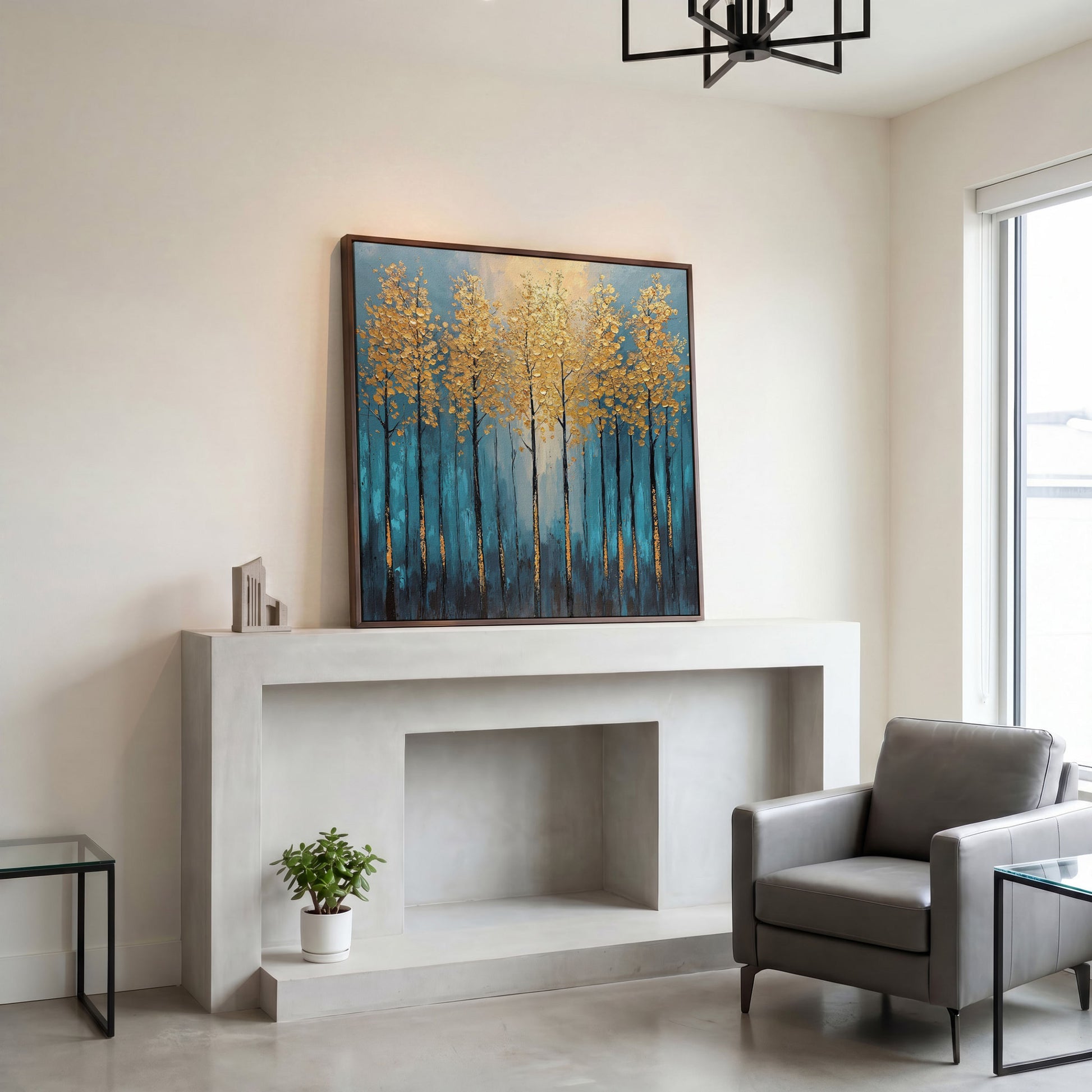 Abstract Trees with Golden Leaves Canvas in dark walnut floating frame